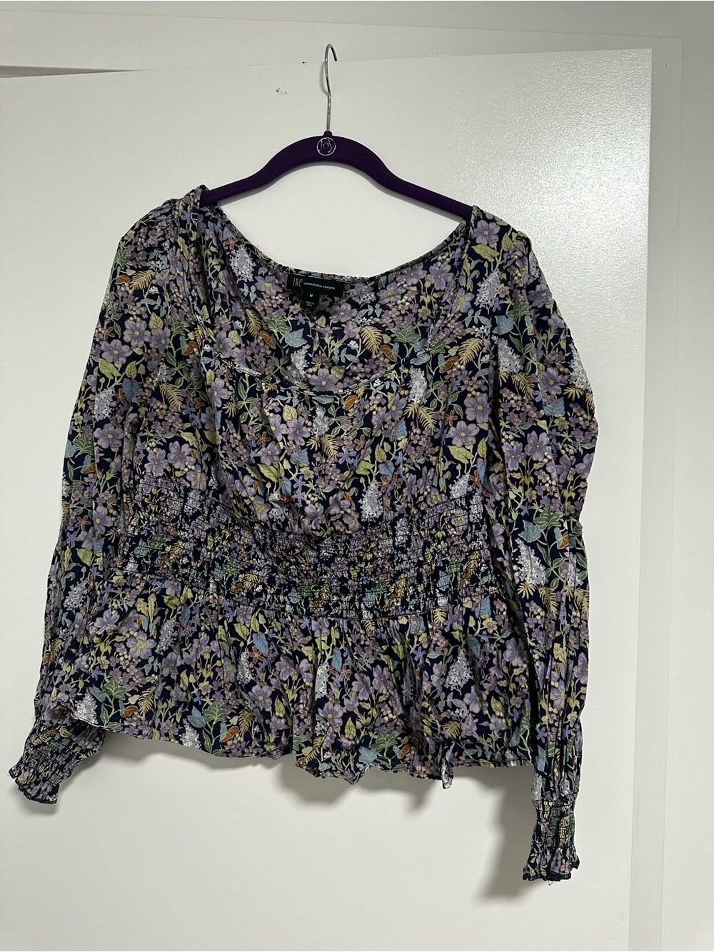 Floral Smocked Peplum Blouse - Black & Purple